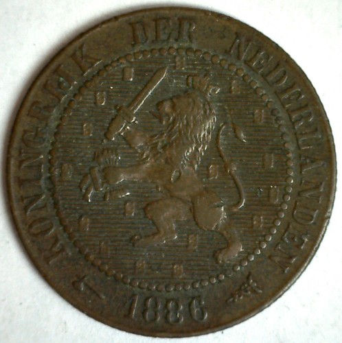 1886 Netherlands Bronze 2 1/2 Cent Coin Very Fine Circulated William III Ruler - Picture 2 of 2