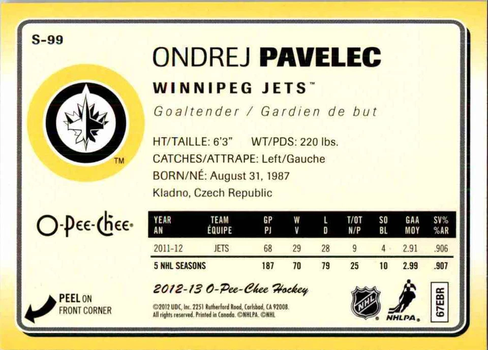 2012-13 O-Pee-Chee Stickers Ondrej Pavelec #S-99 - Image 2 of 2