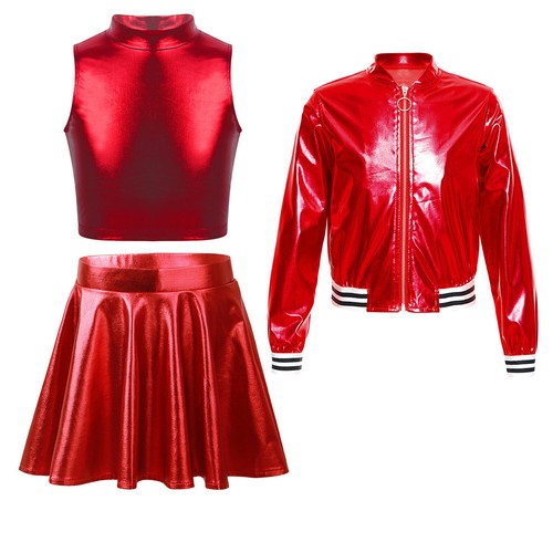 Kids Girl's Crop Top With Skirt Sport Dance Outfit Cheerleading Tracksuit Jazz - Picture 38 of 63