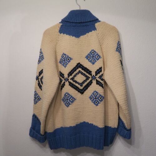 VTG Colorful Blue Cream Cowichan Full Zip Sweater L 60s 70s jacket Cardigan - Picture 2 of 14