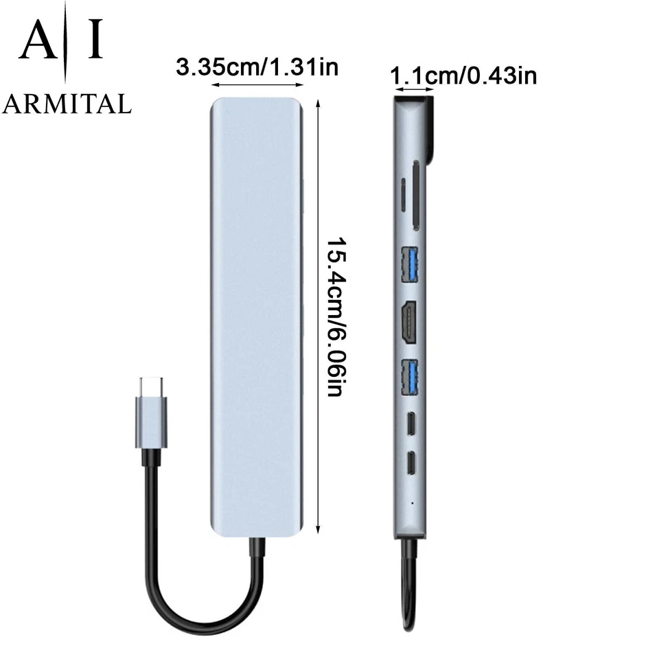 Adattatore Hub USB-C 8-in-1 HDMI 4K Ethernet SD/TF 100W PD per MacBook e Laptop - Immagine 3 di 4