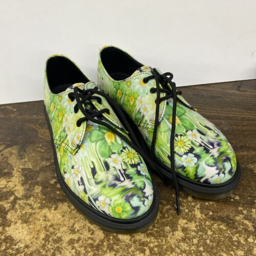 Dr Doc Martens 1461 Derby Womens 7 Green Slime Floral Wearable Art Shoes - Picture 1 of 5