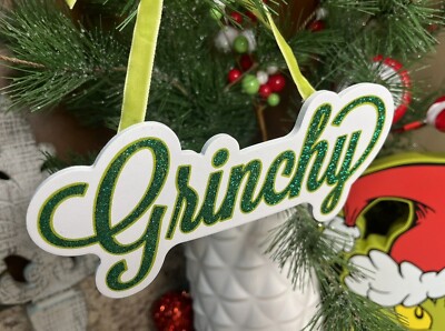 Dr. Seuss How The Grinch Stole Christmas Green Glittered GRINCHY Small Sign U69