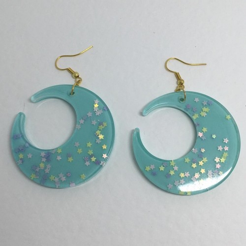 Large crescent moon earrings, Star Glitte , Acrylic Earrings - Picture 25 of 60
