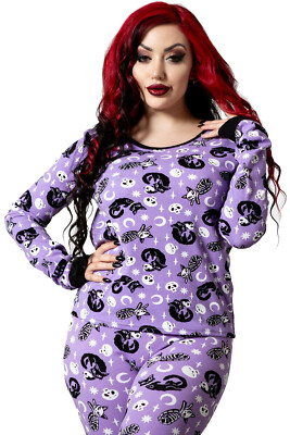 Killstar Gothic Goth Pyjama Lounge Top T-Shirt - Purr Off Katzen Plum