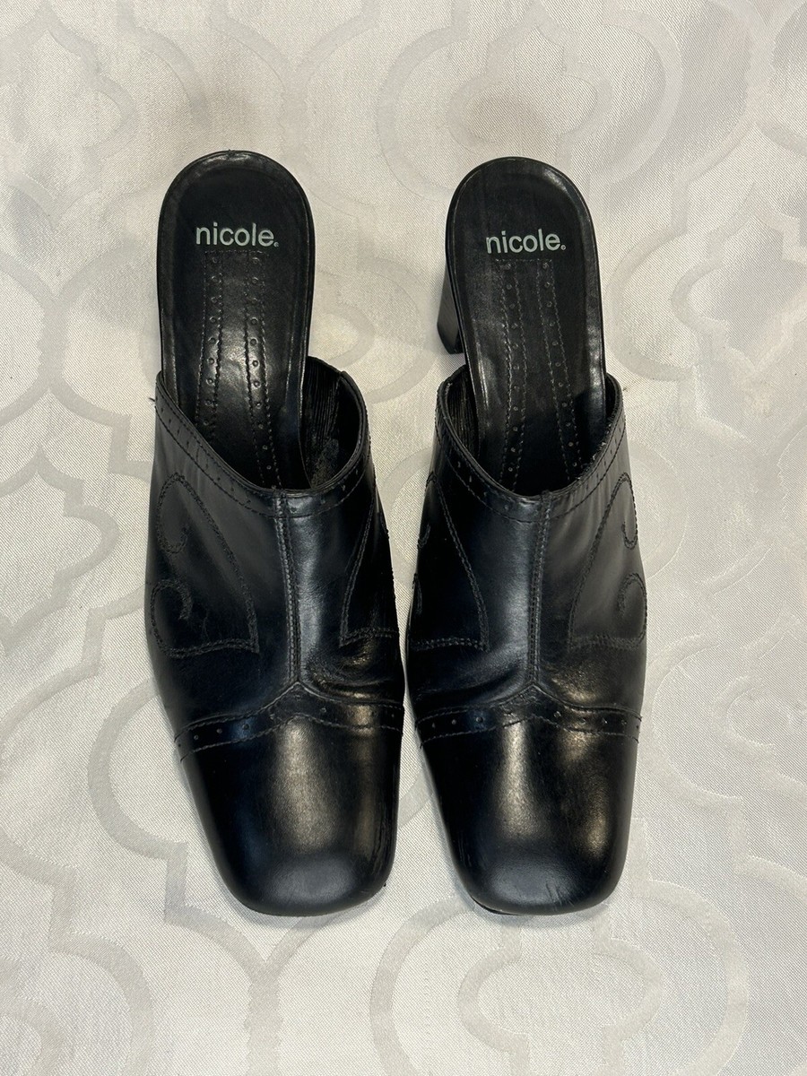 NICOLE Brand Women's Shoes Black Leather Square Toe Slip On Mules