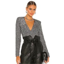 Image of Bardot Siren Silver Sequin Long Sleeve Deep V Bodysuit XS