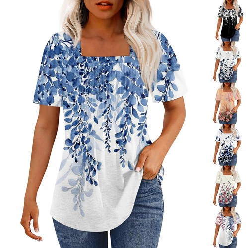 T Shirts For Women Pleated Square Neck Dressy Casual Blouses Printing Short