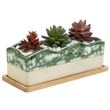 Rectangular Succulent Planter - Decorative Beige and Green Ceramic Glazed Pla...