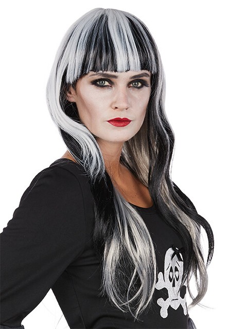Mystique Black Longhair Wig White Streaks Straight Fringe