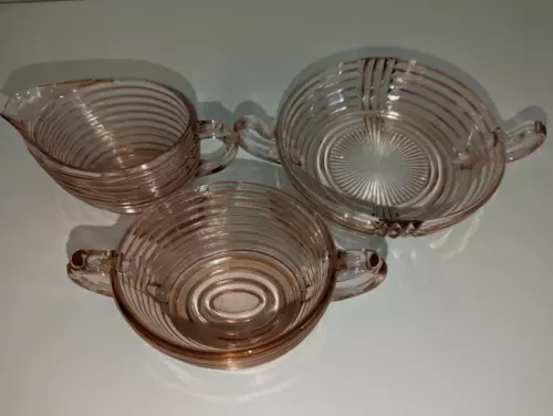 Vintage Anchor Hocking Manhattan Ribbed Pink Depression Sugar & Creamer, Candy