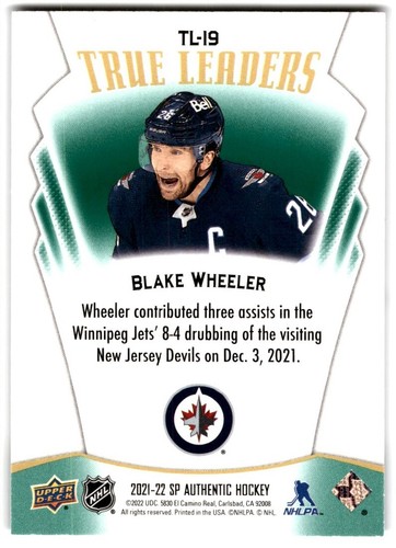2021-22 SP Authentic True Leaders Green Blake Wheeler #TL-19 Winnipeg Jets - Picture 2 of 2