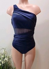 NWT Dark Blue Cupshe One Piece Bathing Suit Size XS One Shoulder Sheer