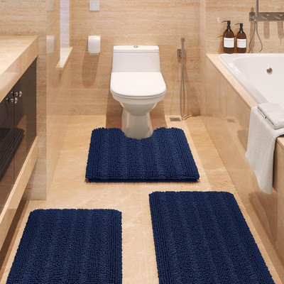Striped Navy Blue Bathroom Rug Set 3 Pieces Ultra Soft, Non Slip Chenille Toilet