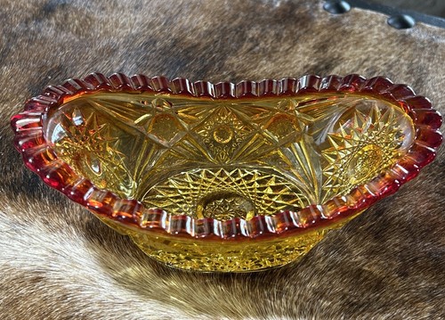 EAPG VASELINE YELLOW ORANGE RED AMBERINA GLASS CANOE BOWL