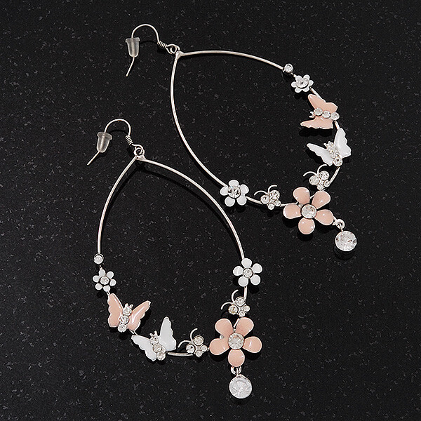 Rhodium Plated Long Oval Hoop Earrings with Enamel Butterfly Detail 10cm-image