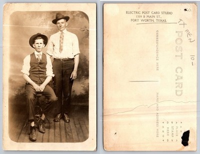RPPC Fort Worth TX Electric Studio Two Men Cowboy Hats Vests Early 1900s Photo
