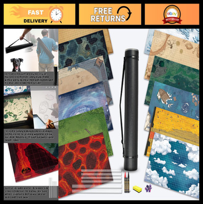 6-Pack DND Battle Mats with Storage Tube | 12 Hand-Drawn Terrains | 24x36  Dry-E