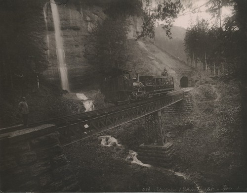 Schweiz Rigi Eisenbahn Zug auf Brücke Wasserfall altes Foto Schröder 1890 - Bild 1 von 3