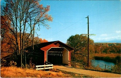 Old Covered Wood Bridge North Bennington Vermont Fall Foliage Postcard 1950s