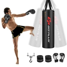 4-In-1 Hanging Punching Bag Set PU Leather Unfilled with 12OZ Boxing Gloves