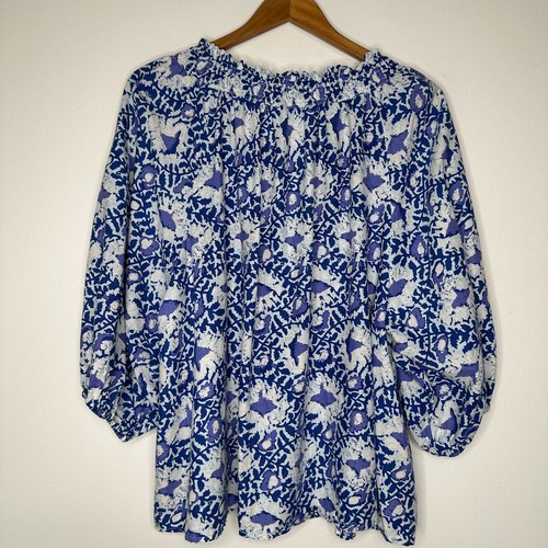 C&C California Peasant Blouse Womens Size L Blue Floral Relaxed fit Linen Blend - Picture 2 of 10