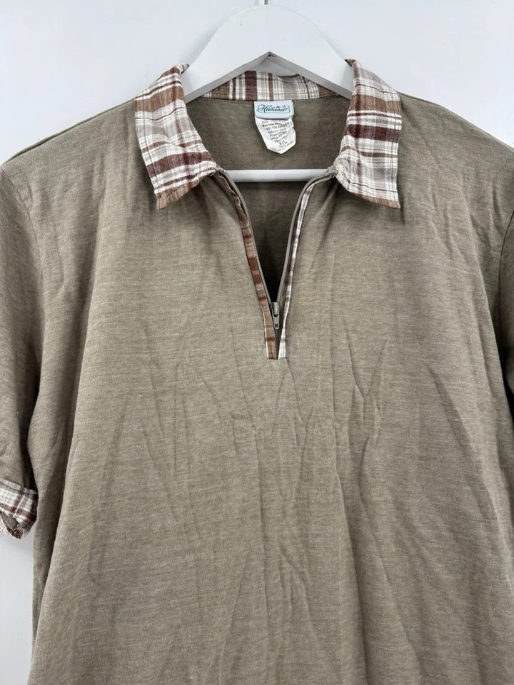 Camisa Haband Vintage Mujer Mediana Verde 1/4 Cremallera Cuello Cuadros Pullover Algodón Foto 2 de 4