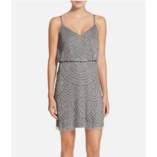 Adrianna Papell Gray Beaded Sequin Mesh Slip Dress Art Deco Mini Gatsby