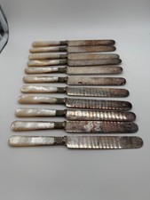 Vintage Antique Set of 11 Mother of Pearl Carved Handle Knives