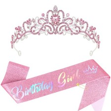CIEHER Birthday Girl Crown and Sash - Pink Tiara One Size,