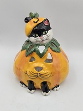 Kitty Pumpkin Candle Holder Ceramic Blue Sky Clayworks Harvest Halloween 9&rdquo; Tall