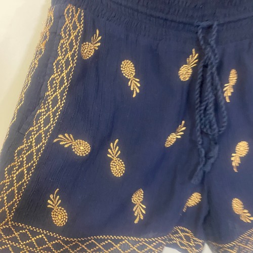 J. Crew Navy Blue Gold Pineapple Embroidered Shorts 100% Cotton Elastic Waist XS - Picture 5 of 11