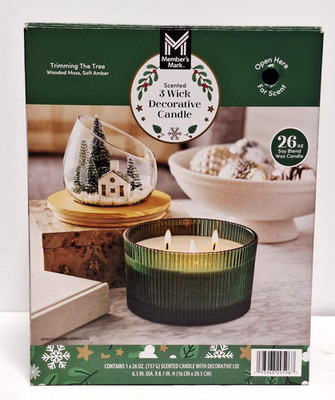 Members Mark 3 Wick Scented Candle Trimming the tree Wooded Moss Soft Amber NOB