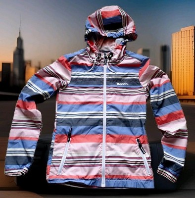 Bench Windbreaker Jacket Womens XS Multi Stripe Excellent Hooded Full Zip Coat