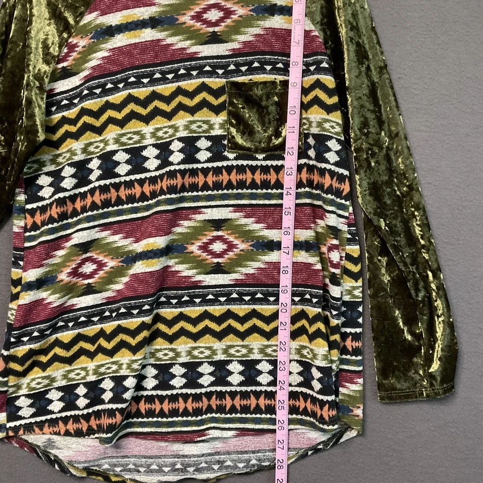 Camisa Lilypad Mujer Mediana Azteca Patrón Boho Verde Terciopelo Manga Bolsillo Largo Foto 4 de 4