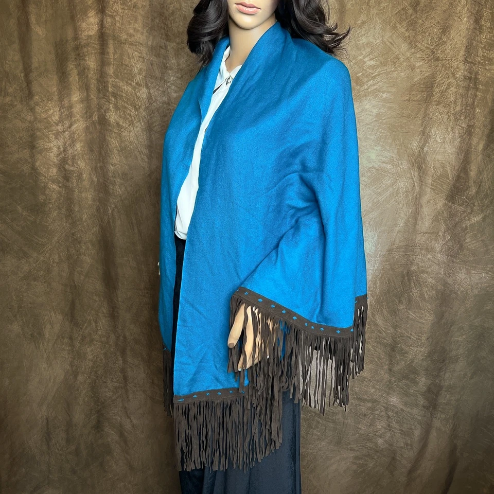 Colección Tasha Polizzi Vintage Mantón Azul Cabra Gamuza Flecos Pashmina Mezcla Lana Foto 2 de 4