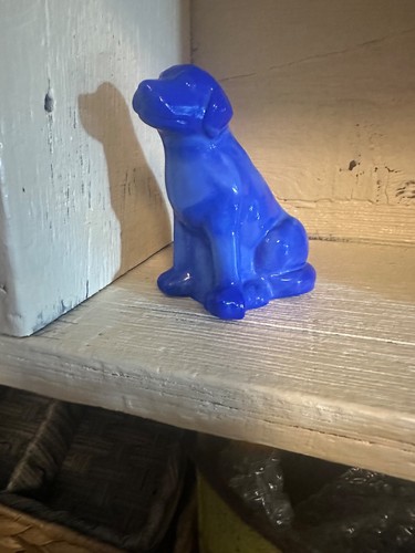 Fenton Glass Dog, Puppy Labrador Collectable with tag. Unusual cobalt color