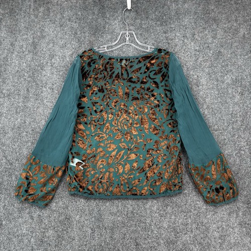 Lucky Brand Women’s Small Green & Brown Floral Velvet Burnout Top Sheer Whimsy - Picture 3 of 12