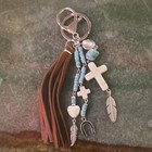 Brown Tassel Key Chain Clip Turquoise Beads Religious Cross Feather Horseshoe — photo 2