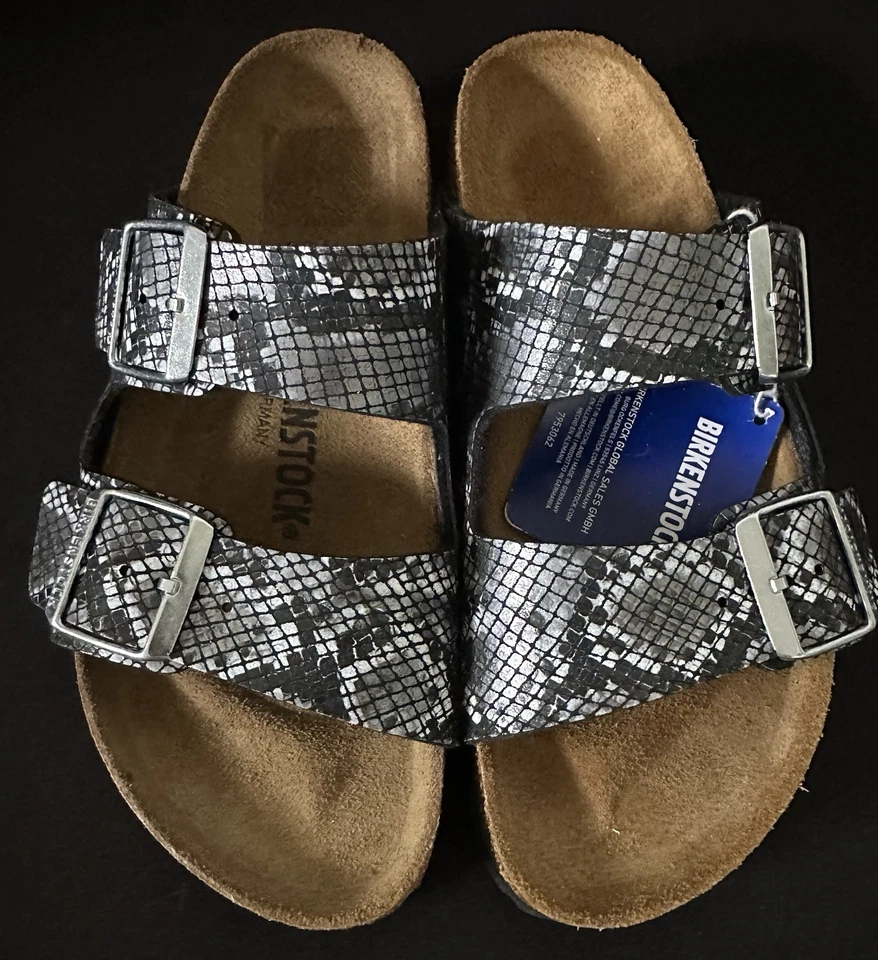 Birkenstock Arizona Metálico Brillante Pitón Plata Serpiente Mujer Talla 37EU 6-6.5US Nuevo Foto 3 de 4