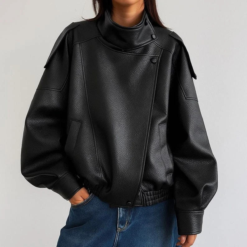 Women's Oversized Faux Leather Jacket High Collar Minimalist Coat