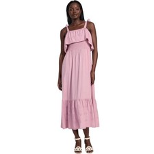 Guess Dusty Phard Sabrina Eyelet Maxi Dress Size L Adj Tie Straps Smocked Waist