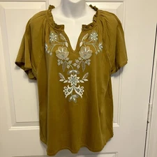 NWT J JILL Sz Medium Embroidered Citrine Brown Blue Peasant Top Short Sleeve $74