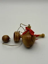 2 Vtg Christmas Toy Ornaments Wooden Primitive Spinning Top & Cup and Ball Game