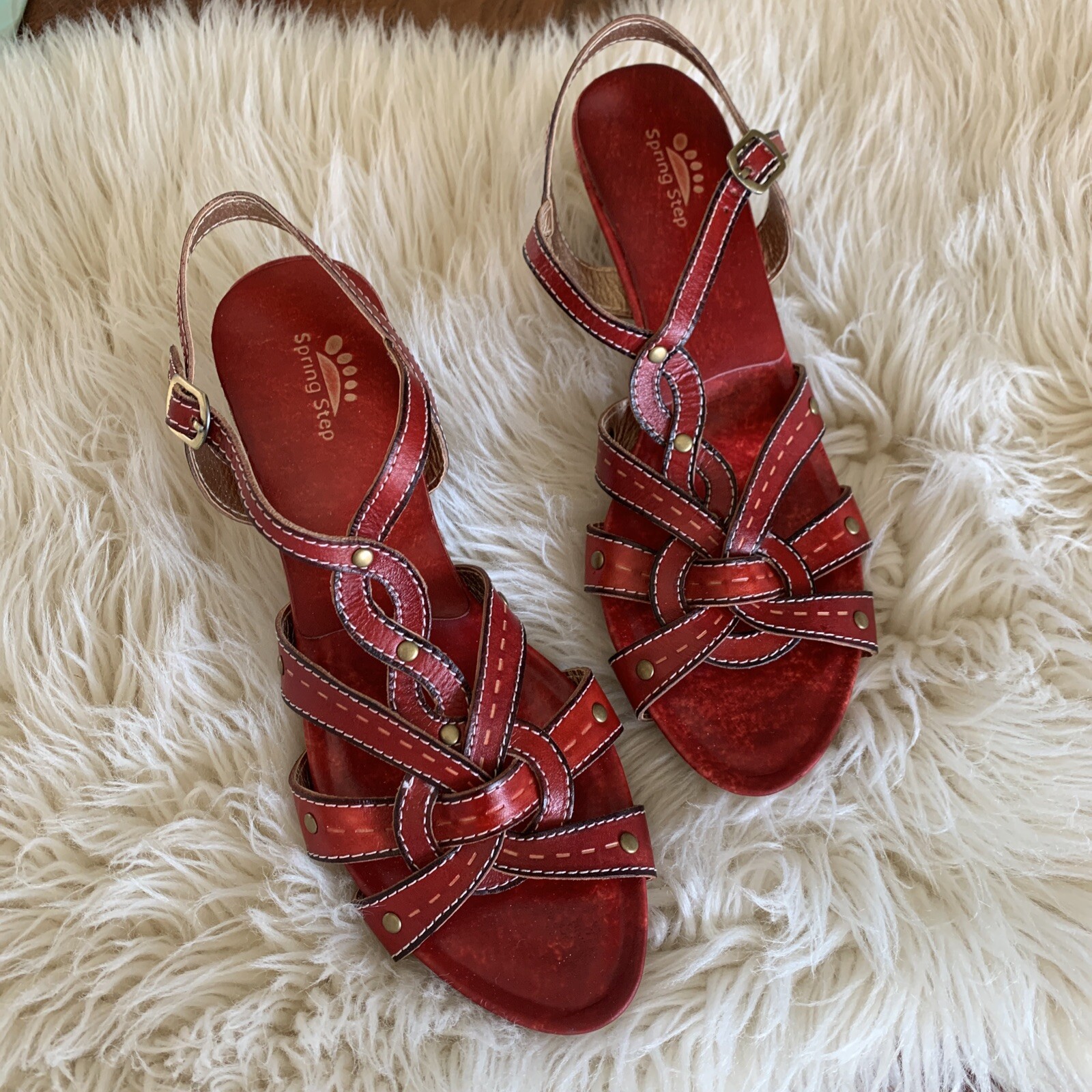 Spring Step Retro Block Sandal shoes heels Women's Amour 39 Red Strappy New!