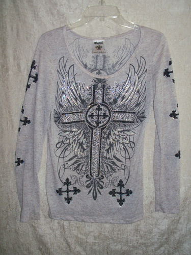 VOCAL Women's size XL Tan Long Sleeve Embellished T SHIRT with Cross Made in USA