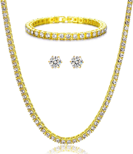 Gold Silver Iced Out Diamond Tennis Chain Necklace for Men Women, Rhinestone Ten