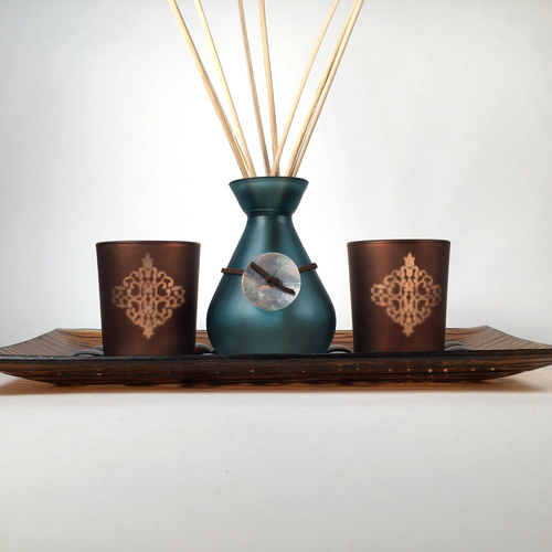 Reed Diffuser Set with Votive Candle Holders stones glass tray aromatherapy zen - Picture 7 of 8