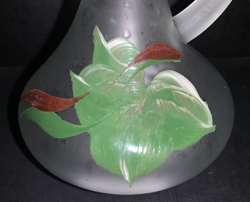 Hazel Atlas Ivy Painted Oil Vinegar Cruet Satin Frosted Glass Vintage - Picture 3 of 5