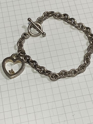 6.25", 6mm, Vtg sterling silver circle link bracelet, handmade heart charm - Picture 5 of 5